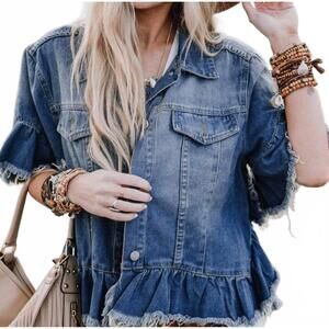 NEW AAPPARELLA raw edge ruffled short sleeve jacket in denim